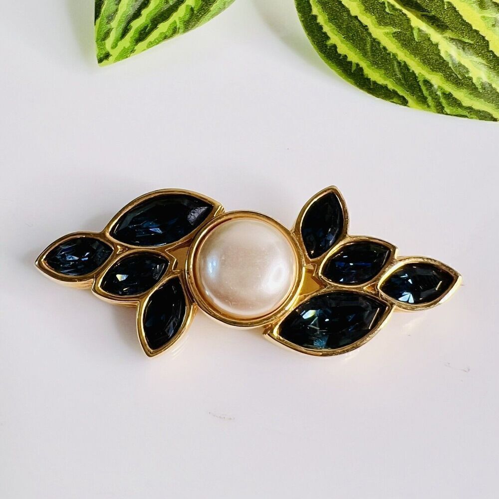 Vintage Authentic Swarovski SAL Signed Blue Crystal Pearl Bar Brooch Pin Gold